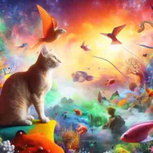 A dreaming cat exploring a vibrant landscape of floating fish and birds