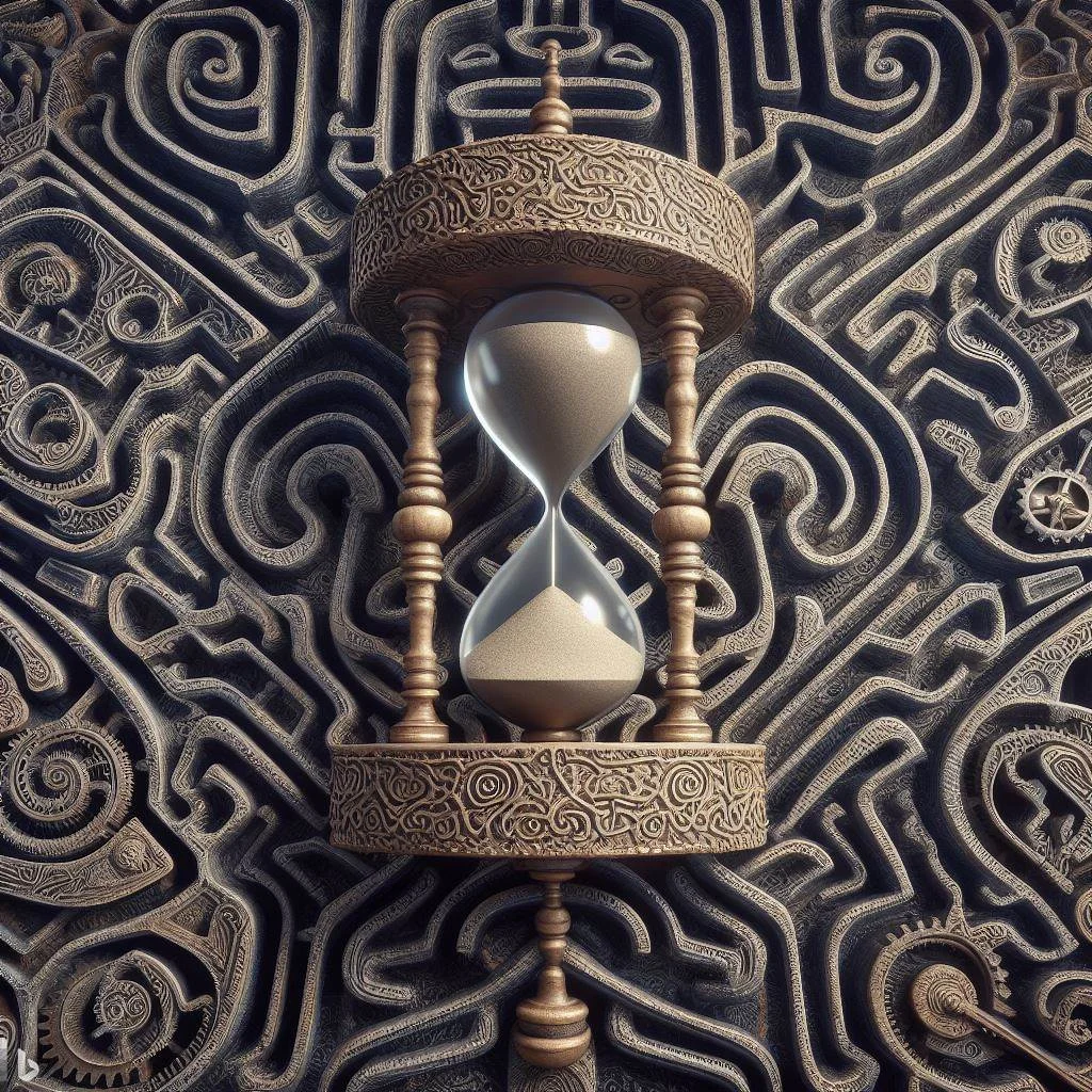 A labyrinth made of interlocking gears, with an hourglass at the center