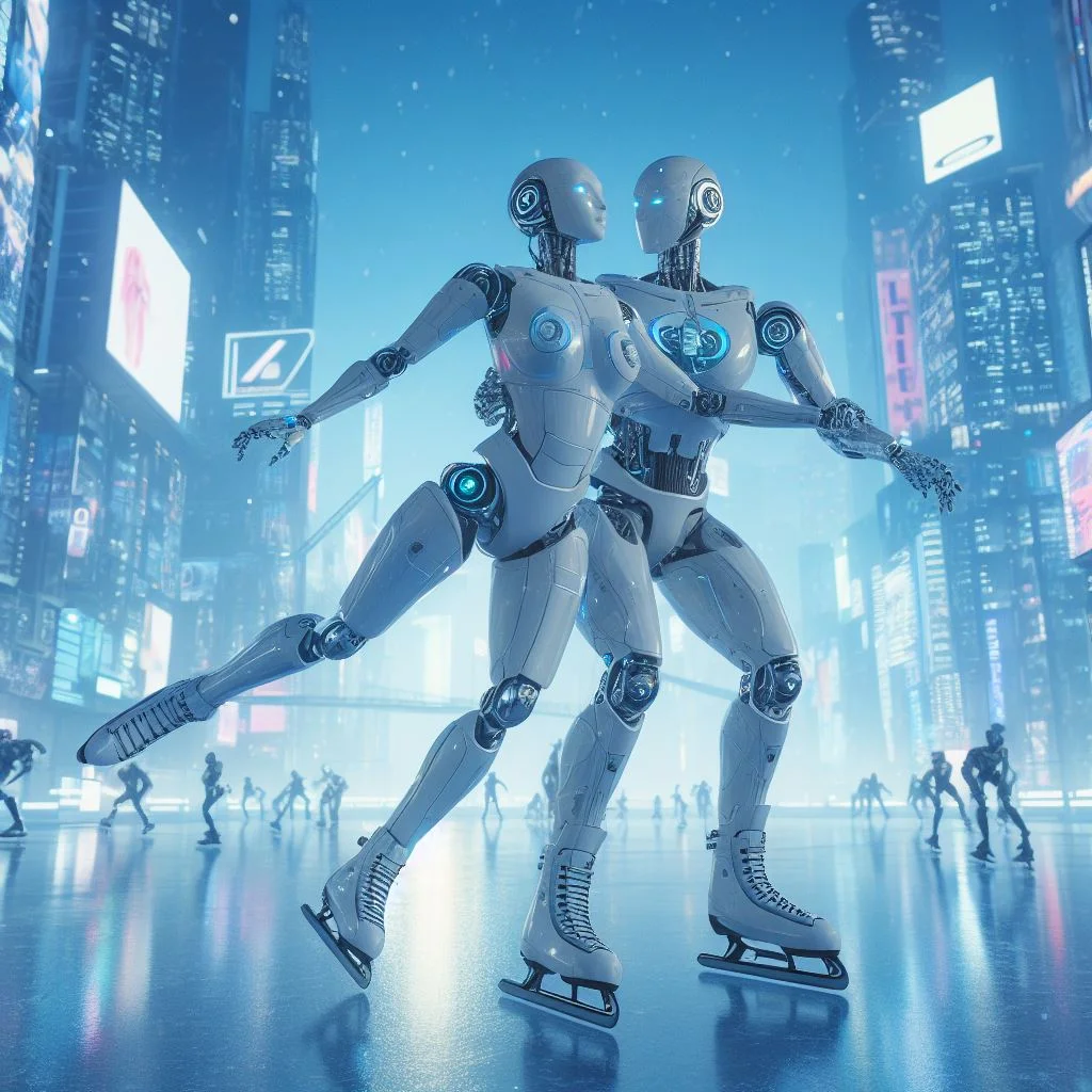 A robot couple ice skating together in a futuristic cyberpunk city