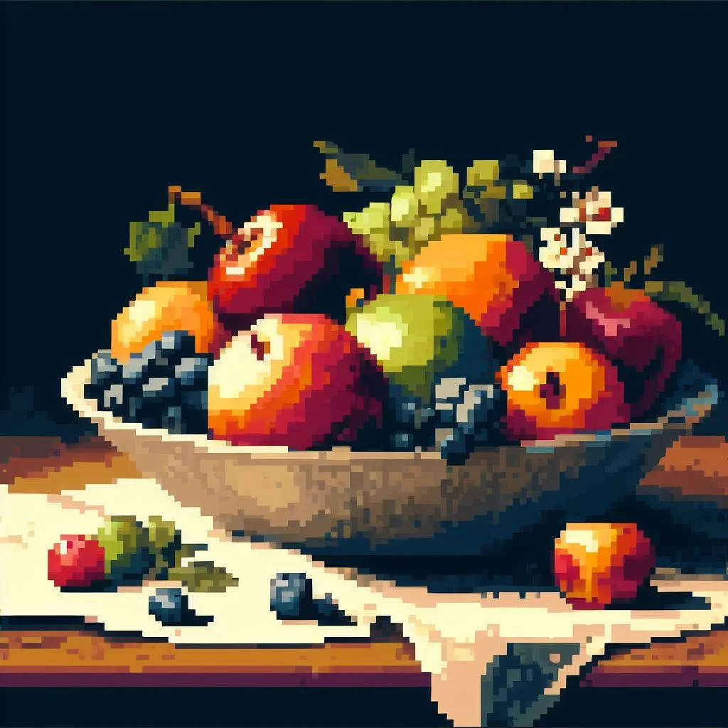 A still-life painting of fruit in a bowl, 8 bit style