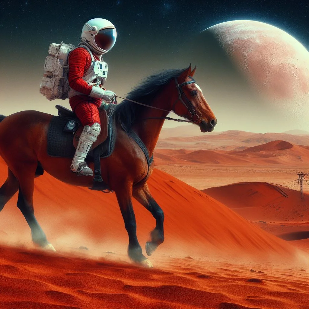 an astronaut in a red spacesuit is riding a brown horse across Martian dunes